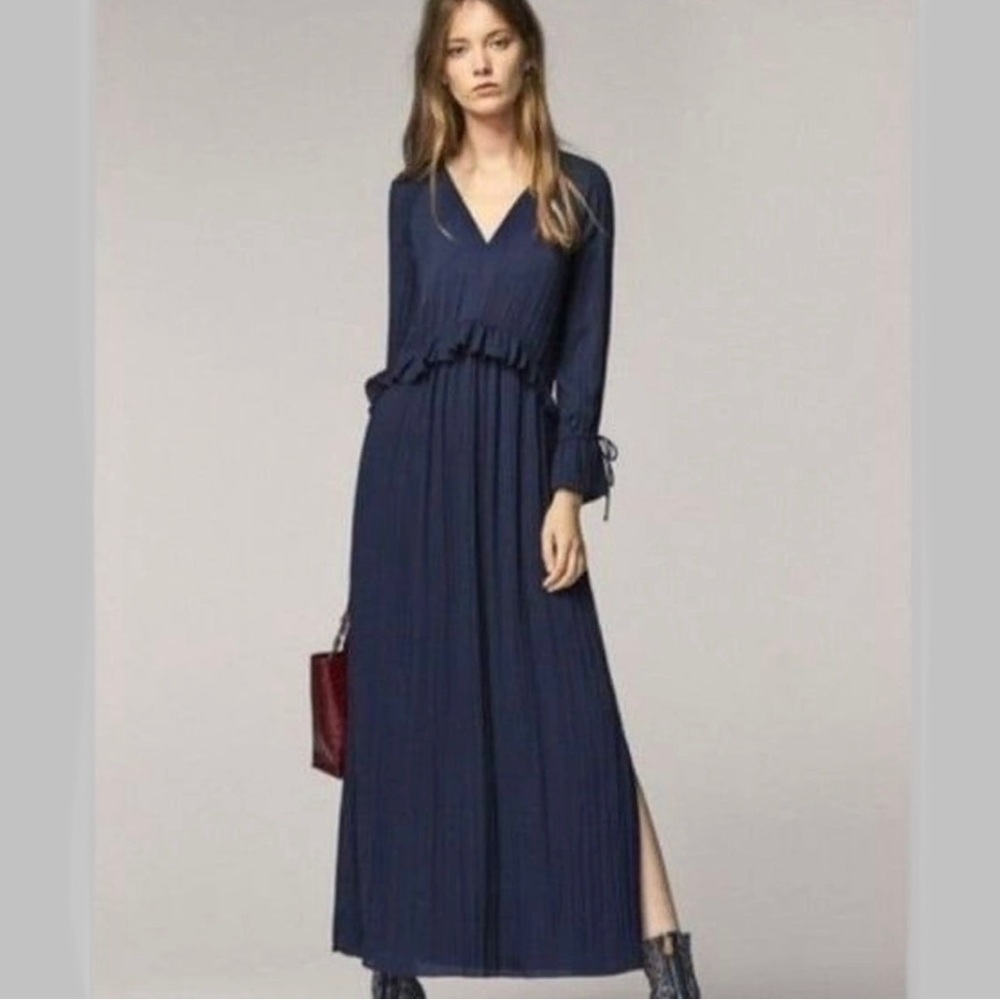 Massimo Dutti V Neck Pleated Ruffled Waist Long Sleeved Navy Blue Maxi Dress M
